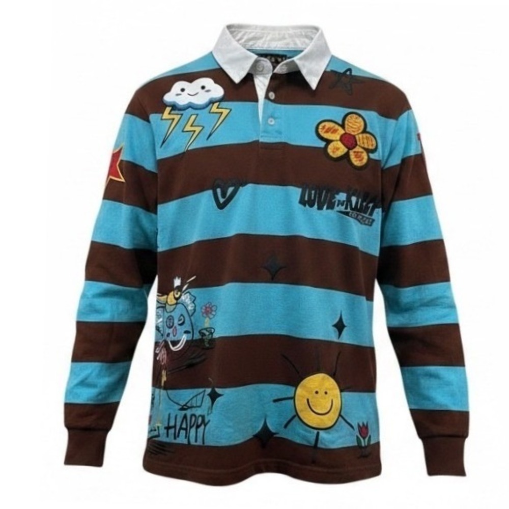 Kleep Jordy Rugby Polo Mens Large Blue Striped Long Sleeve Puff Print Graphic